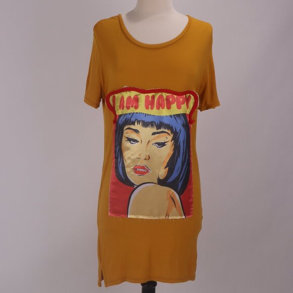 * RARE Love Nation I AM HAPPY Long Tee NWOT Shirt Blouse Tunic Dress Graphic - Picture 2 of 7